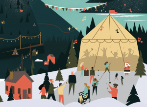Illustration or circus tent and community gathering.